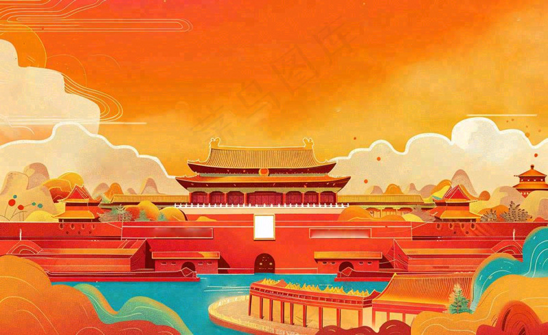 祖国繁荣昌盛插画*红色喜庆庆祝山河国庆建军建党国潮风插画背景(1408x864)