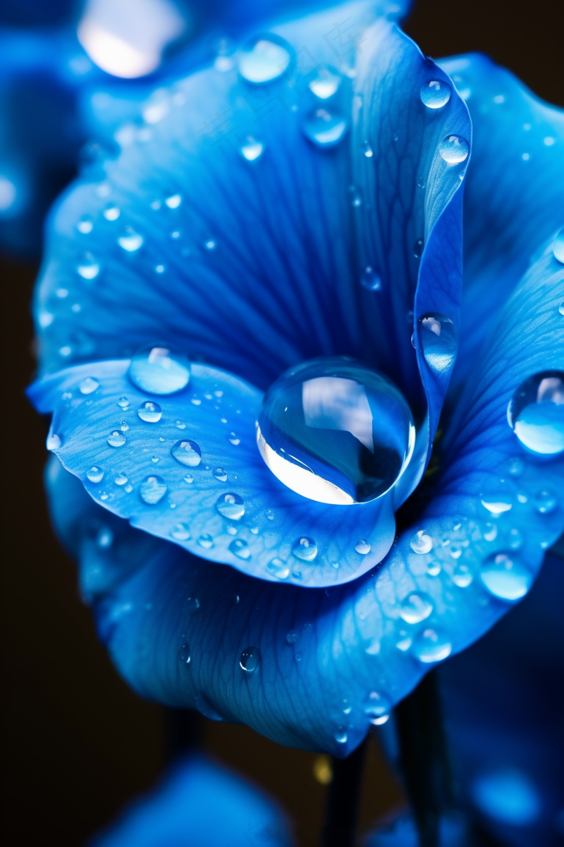 蓝色的花朵上布满了露珠水滴摄影图