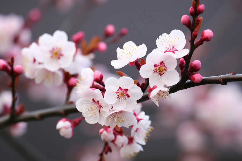 粉梅花春天桃花樱花树枝抽新芽摄影图