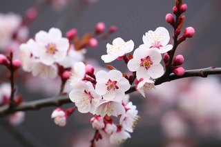 粉梅花春天桃花樱花树枝抽新芽摄影图