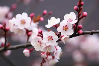 粉梅花春天桃花樱花树枝抽新芽摄影图