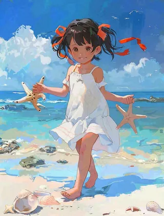 夏日蓝色海边沙滩女孩捡贝壳海鲜户外活动小暑大暑处暑卡通插画背景