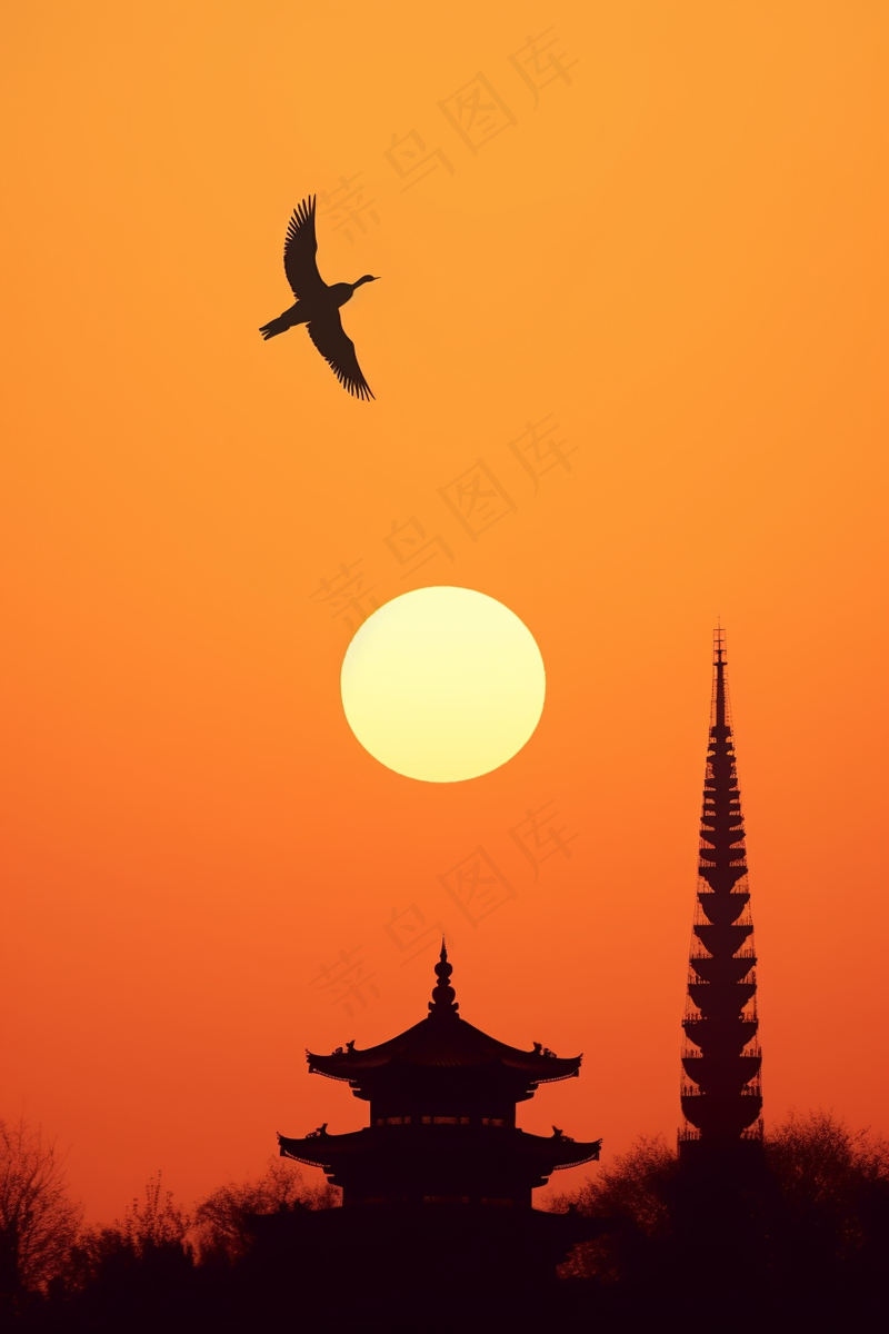 夏阳落日下的古塔大雁飞过晚霞余晖摄影图(2688x4032)