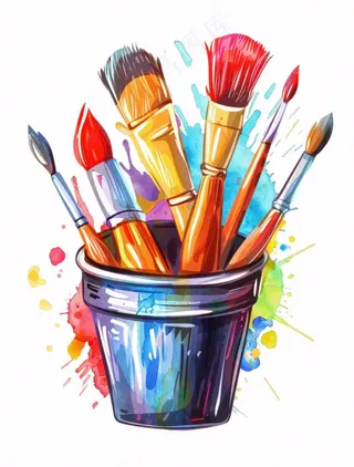 画笔颜料水桶彩色美术卡通插画免抠