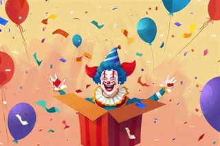 小丑搞怪马戏团游乐园愚人节气球彩带庆祝卡通插画背景