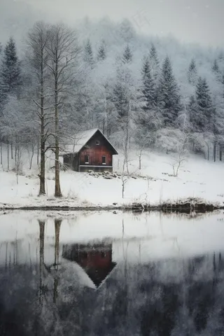 雪景小屋树林背景