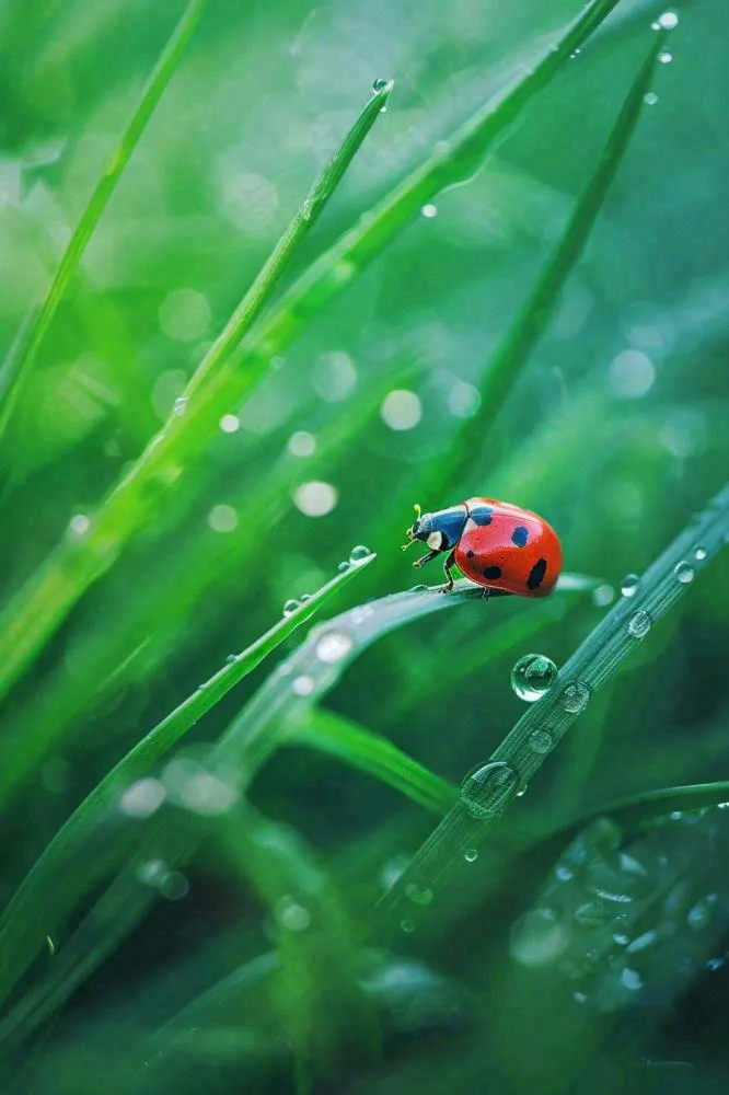 绿叶草丛露珠瓢虫昆虫雨水谷雨惊蛰摄影图(896x1344)