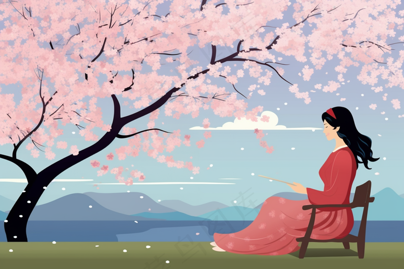 春天樱花树下的女生人物卡通插画背景(4032x2688)
