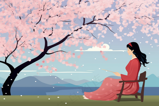春天樱花树下的女生人物卡通插画背景