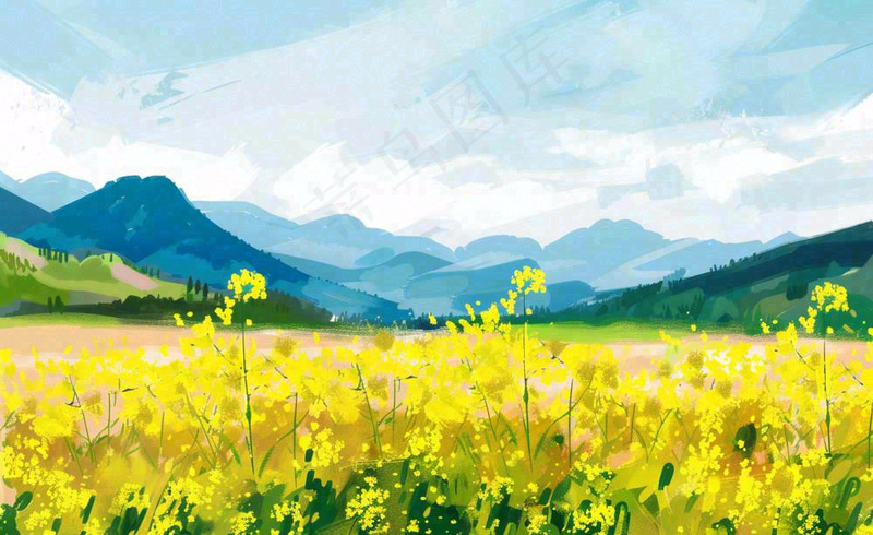 春天油菜花花田山峦蓝天白云惊蛰春分卡通插画背景(1408x864)