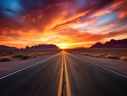 延绵的公路夕阳落日余晖晚霞摄影图