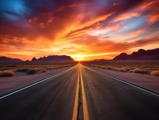 延绵的公路夕阳落日余晖晚霞摄影图