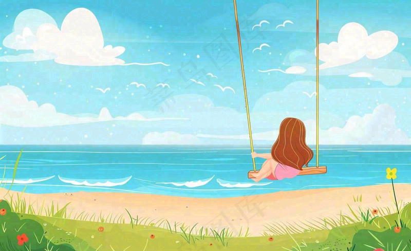 夏天海边风景大海沙滩蓝天白云立夏夏至大暑小暑唯美插画背景(1408x864)