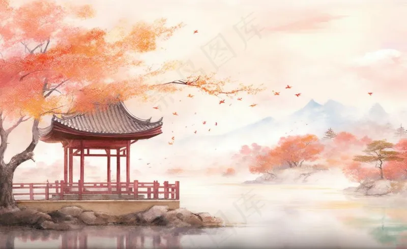 秋季枫叶晚亭山水湖面倒影美景中国风水墨画插画背景(1408x864)