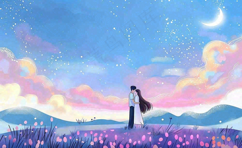 浪漫夜晚月光下花丛里的恋人情侣相拥梦幻场景七夕情人节卡通插画背景