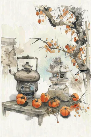 水墨画静物速写柿子花瓶柜台秋天立秋中国风插画背景
