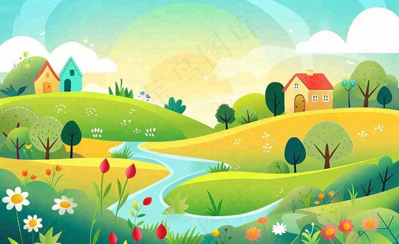 春天插画立春节气郊游遇见春天你好春天花草春风旅游草地风景扁平画背景(1408x864)
