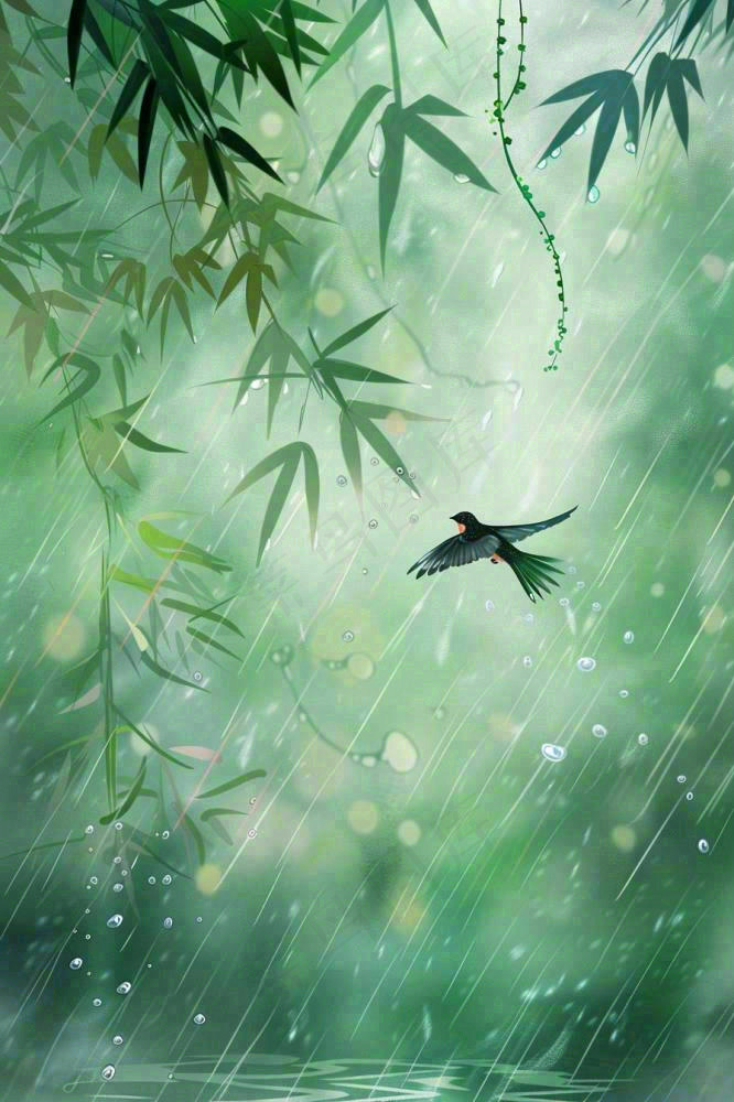 绿色简约小清新柳树雨天燕子雨水谷雨插画背景(896x1344)