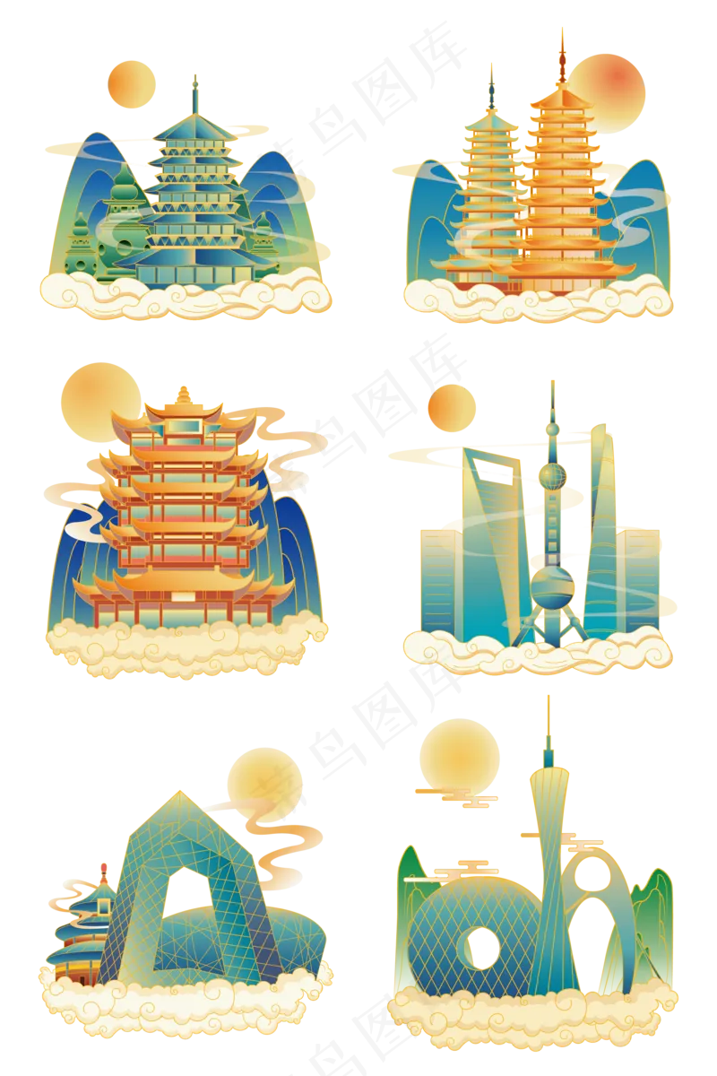 一线城市渐变城市地标