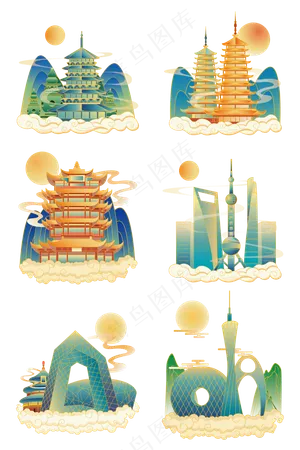 一线城市渐变城市地标