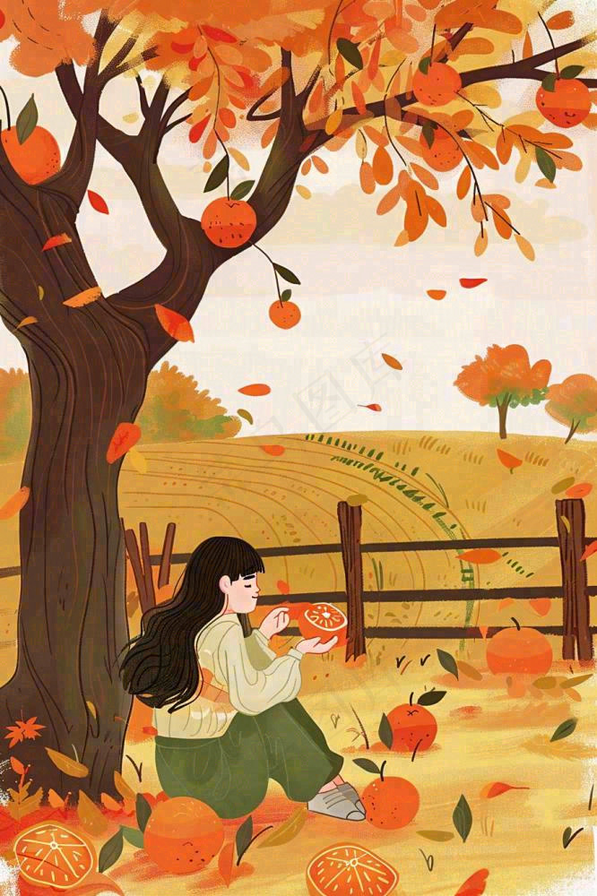 秋天橘子树下的女孩果实果树丰收立秋秋分卡通插画背景