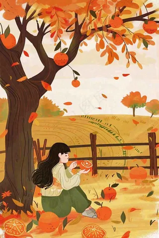 秋天橘子树下的女孩果实果树丰收立秋秋分卡通插画背景