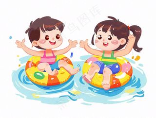 游泳游泳圈儿童水上乐园运动卡通插画免抠