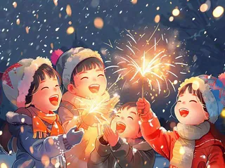 孩童儿童一起放烟花场景开心热闹庆祝新年春节小年除夕夜卡通插画