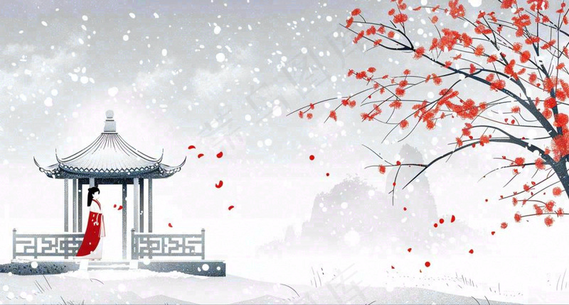 古风冬天雪景红衣女孩梅花雪地里的凉亭大雪小雪冬至中国风插画背景