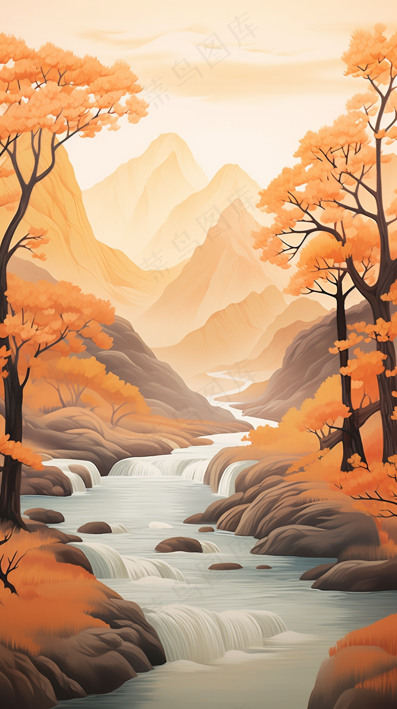 国风山水画河流花草国画水墨画素材背景