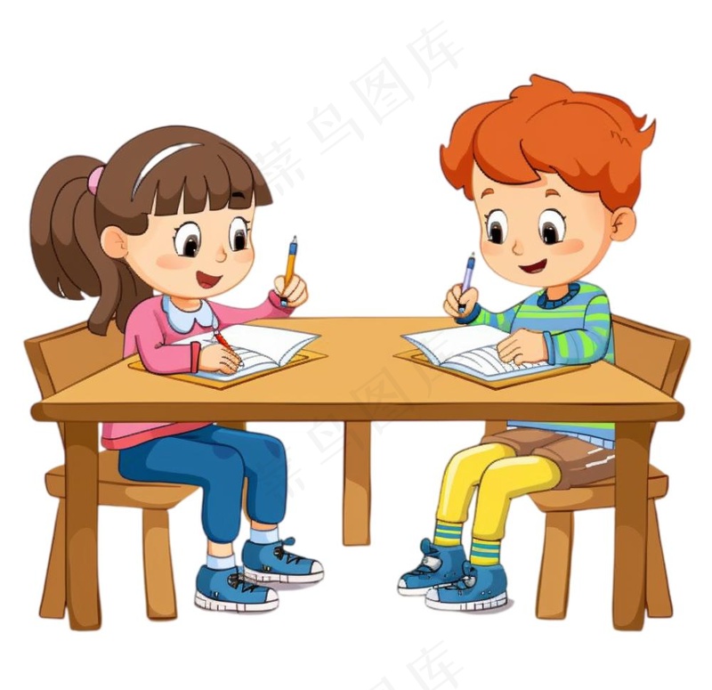 学生们坐着课桌上学习交流写作业卡通插画免抠(1056x1024)