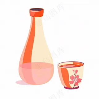 粉色樱花烧酒瓶酒杯水彩插画免抠