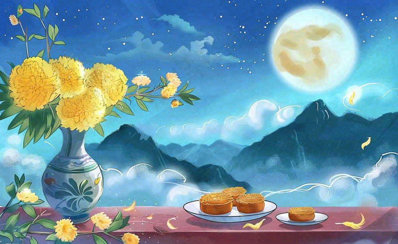 中秋夜晚赏月月饼饮茶黄花菊花桂花国风插画背景(1408x864)
