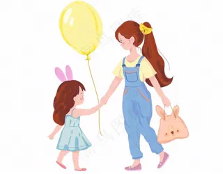 妈妈牵着小孩儿童乐园气球游玩卡通插画免抠