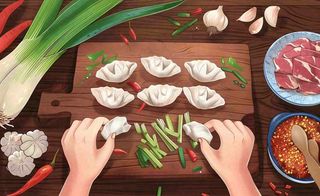 冬至包饺子场景卡通手绘插画背景