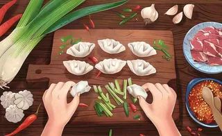 冬至包饺子场景卡通手绘插画背景