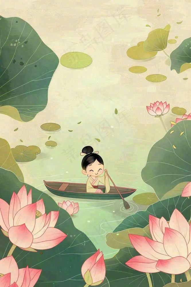 夏日荷花荷叶划船女孩古风国风插画立夏小暑大暑处暑插画背景(896x1344)