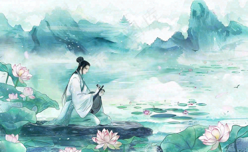 古风屈原人物山水画荷花端午时节中国风水墨插画背景(1408x864)