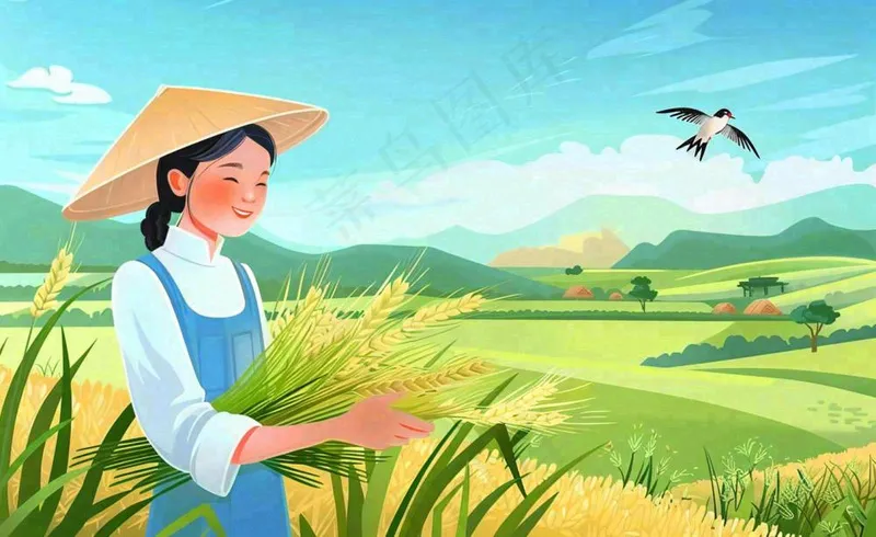 世界粮食日芒种秋收稻田麦子农民天空小满创意手绘卡通插画背景(1408x864)