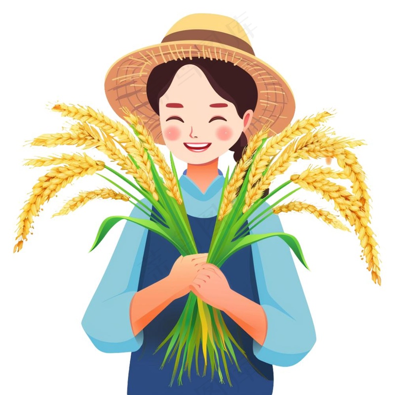 抱着稻穗麦穗的女孩农民卡通插画免抠