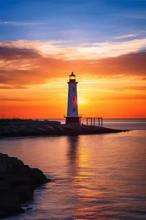 夕阳落日海面的灯塔余晖倒影美景摄影图