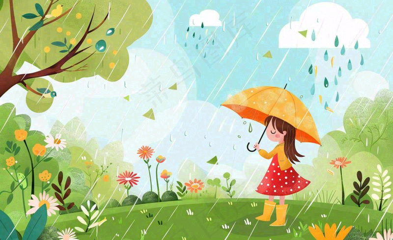 春天雨季女孩打伞在森林公园里嬉戏小草花丛鸟春游踏青雨水谷雨卡通插画背景(1408x864)
