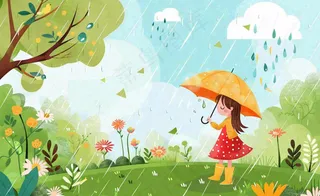 春天雨季女孩打伞在森林公园里嬉戏小草花丛鸟春游踏青雨水谷雨卡通插画背景