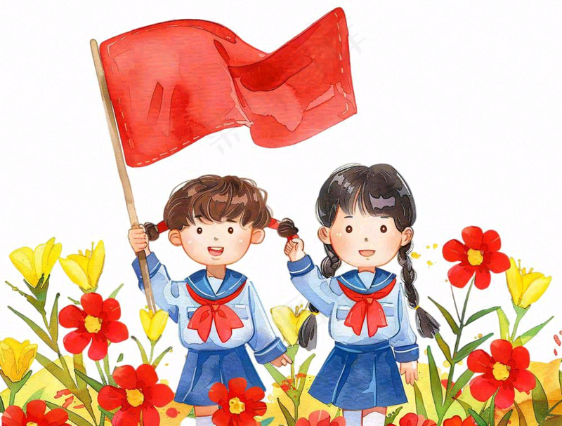 学生举着旗帜红旗青少年青年祖国花朵国庆人物卡通插画免抠(1264x960)