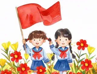 学生举着旗帜红旗青少年青年祖国花朵国庆人物卡通插画免抠