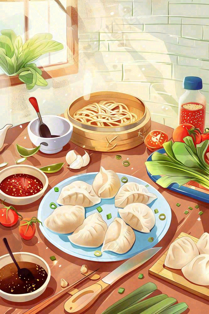 中国传统美食饺子蘸料冬天节日冬至插画背景(896x1344)