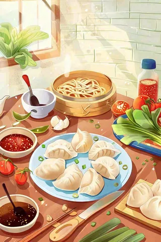 中国传统美食饺子蘸料冬天节日冬至插画背景