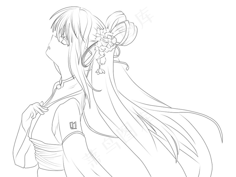 古风线稿丨PPT插画丨手绘线稿丨国风美女007ai矢量模版下载