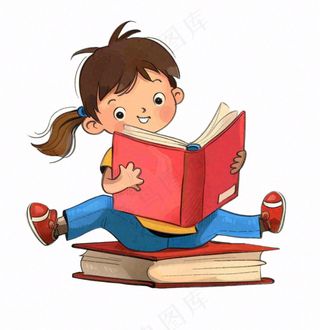 坐着书本上的学生阅读看书人物卡通插画免抠