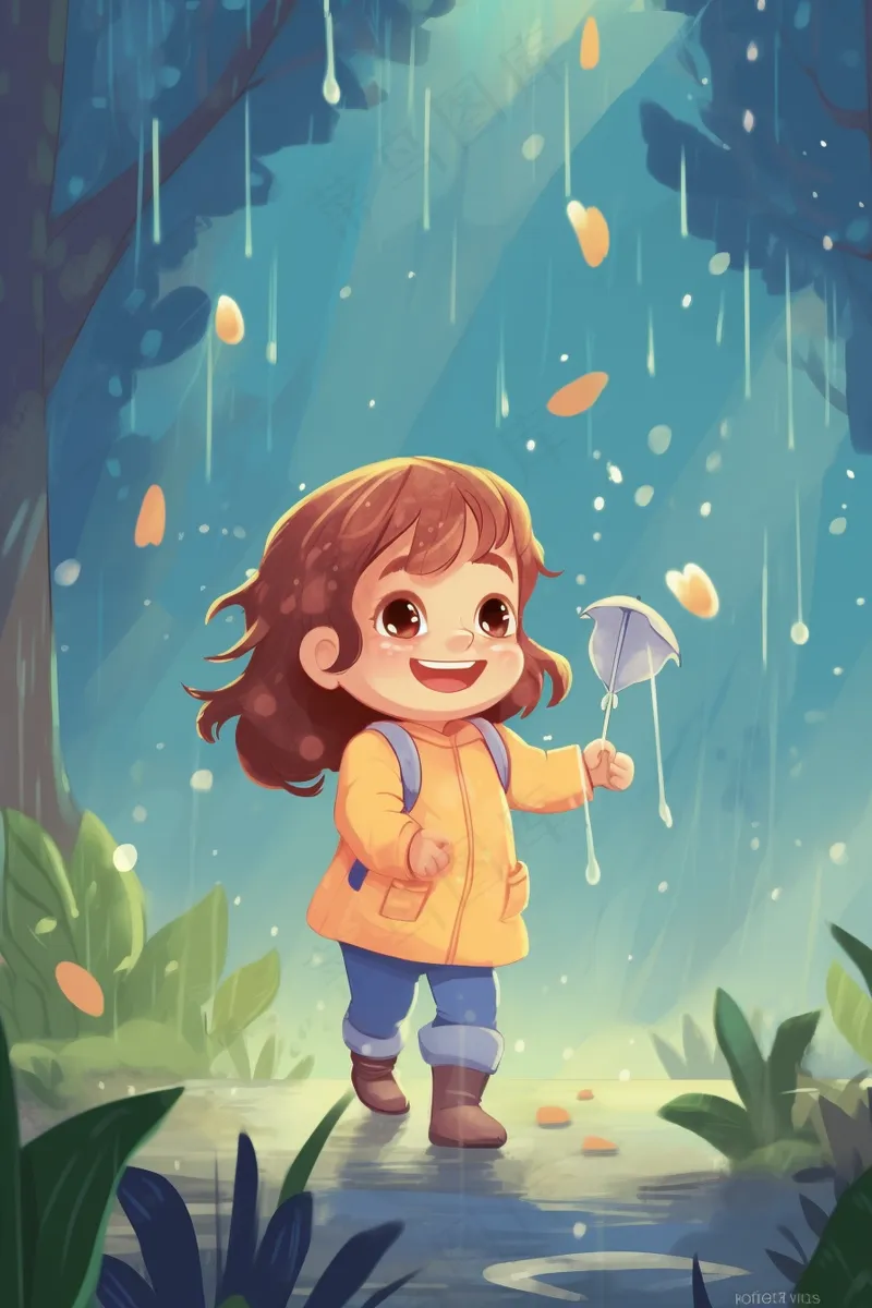 森林雨中漫步玩耍的女孩卡通插画背景(2688x4032)